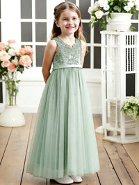 Sleeveless V-Neck Flower Girl Dress with Lace Bodice Tulle Skirt and Large Back Bow for Weddings and Formal Occasions
