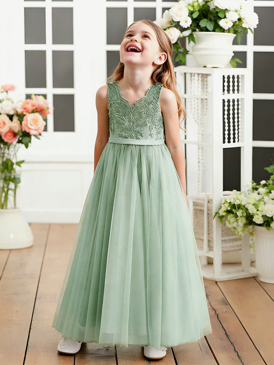 Sleeveless V-Neck Flower Girl Dress with Lace Bodice Tulle Skirt and Large Back Bow for Weddings and Formal Occasions