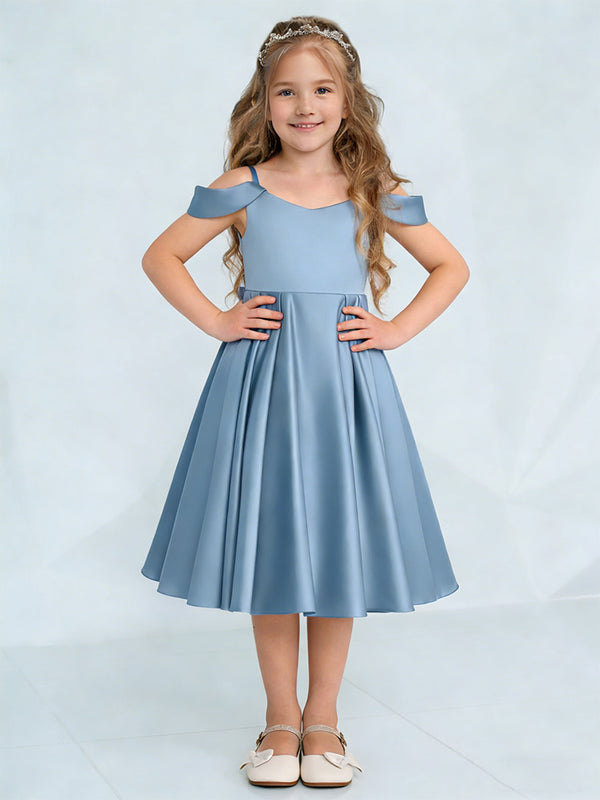 Off the Shoulder Heart Neckline Flower Girl Dress with Satin Knee-Length Skirt and Bow Back for Weddings and Formal Occasions
