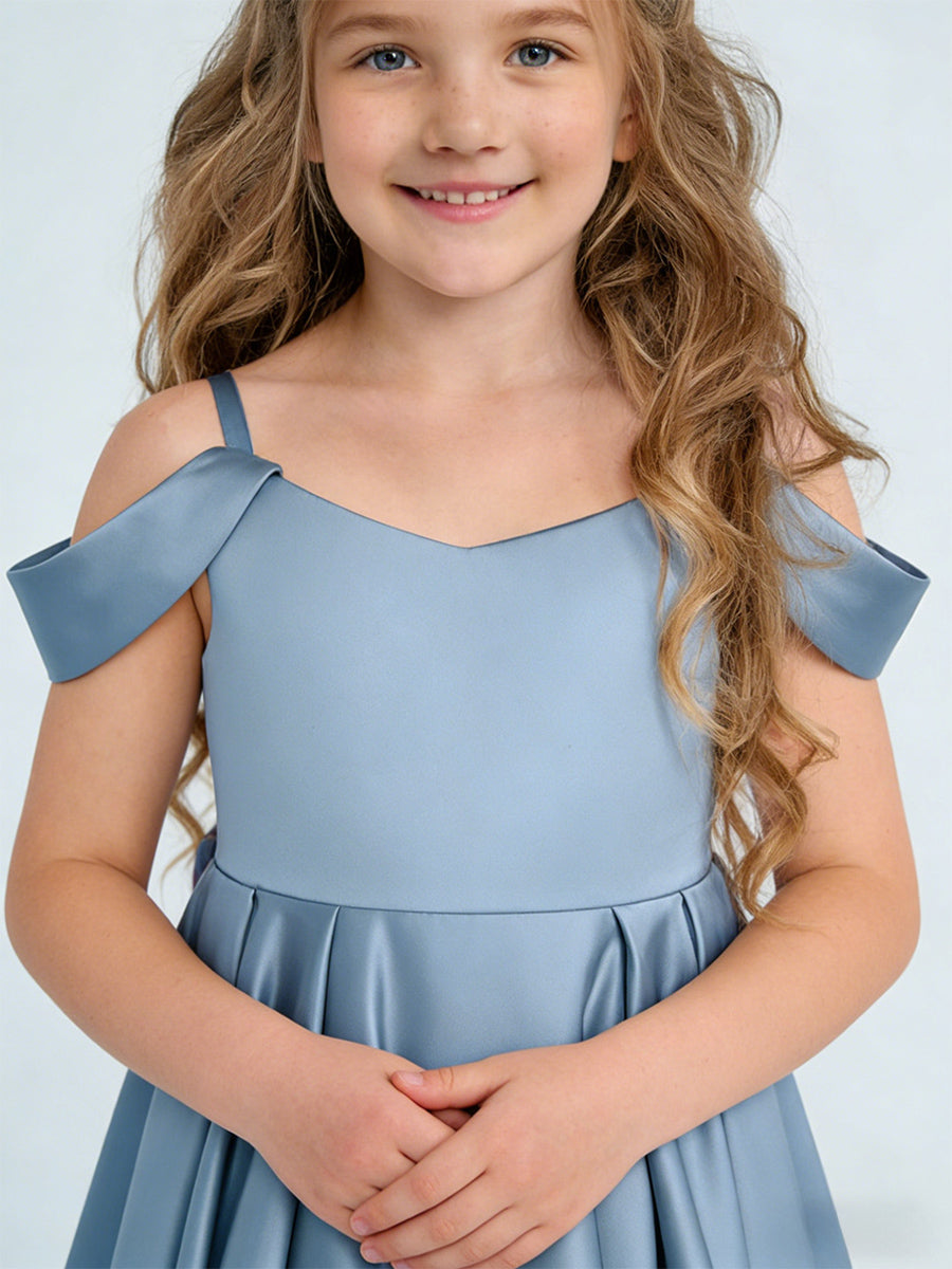 Off the Shoulder Heart Neckline Flower Girl Dress with Satin Knee-Length Skirt and Bow Back for Weddings and Formal Occasions