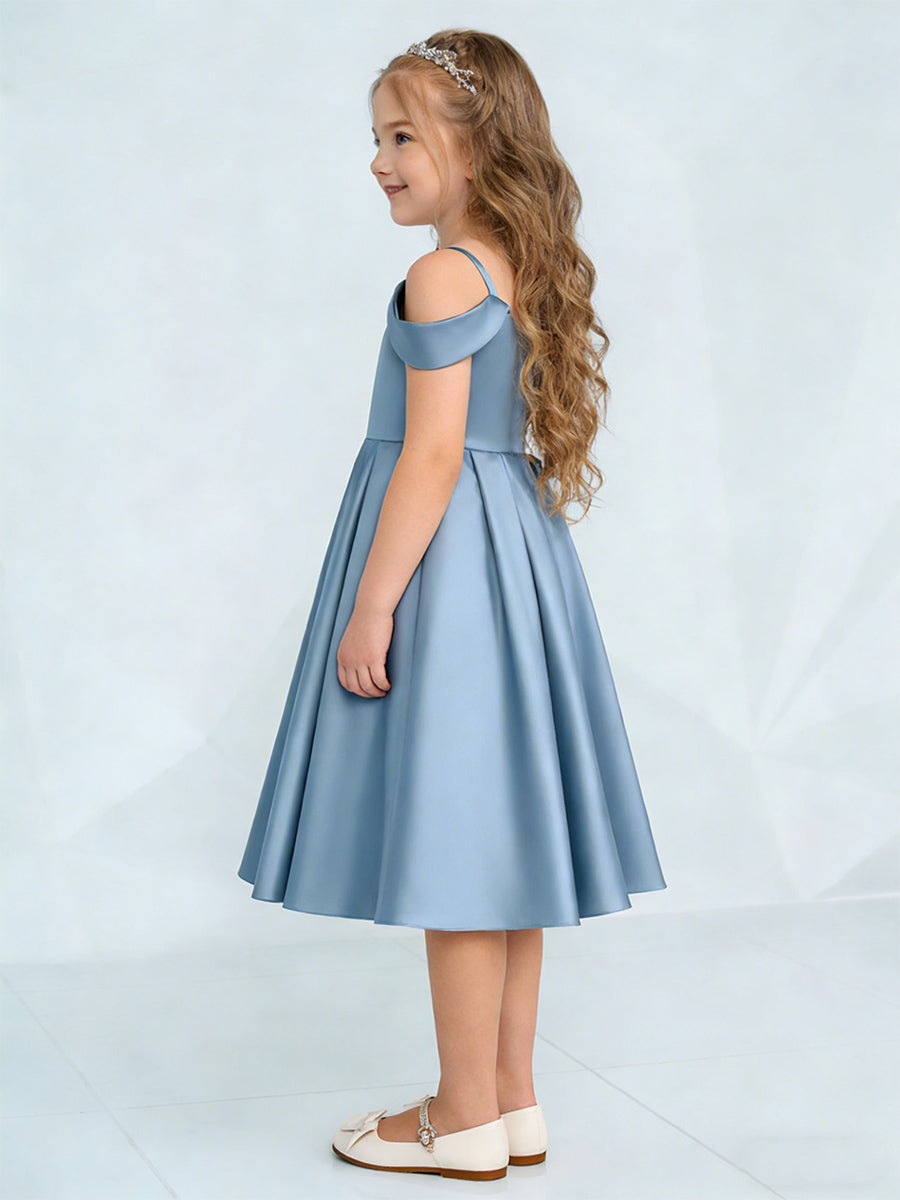 Off the Shoulder Heart Neckline Flower Girl Dress with Satin Knee-Length Skirt and Bow Back for Weddings and Formal Occasions