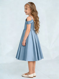 Off the Shoulder Heart Neckline Flower Girl Dress with Satin Knee-Length Skirt and Bow Back for Weddings and Formal Occasions