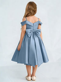 Off the Shoulder Heart Neckline Flower Girl Dress with Satin Knee-Length Skirt and Bow Back for Weddings and Formal Occasions