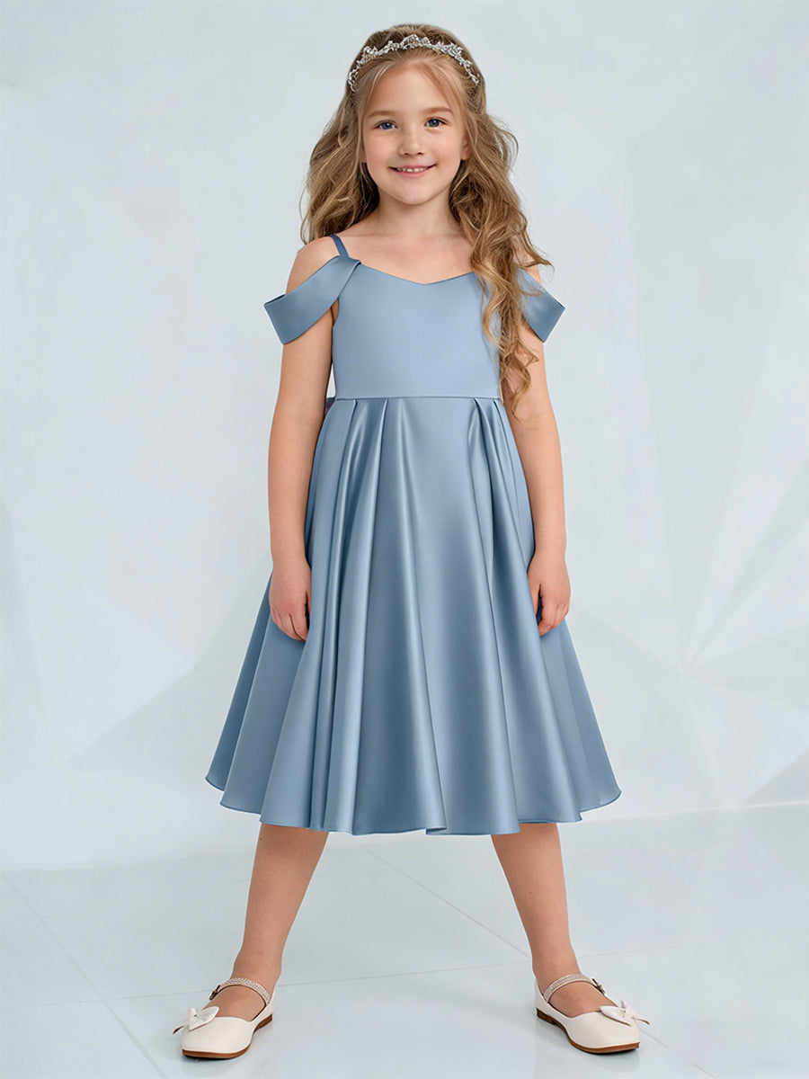Off the Shoulder Heart Neckline Flower Girl Dress with Satin Knee-Length Skirt and Bow Back for Weddings and Formal Occasions