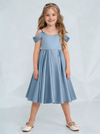Off the Shoulder Heart Neckline Flower Girl Dress with Satin Knee-Length Skirt and Bow Back for Weddings and Formal Occasions
