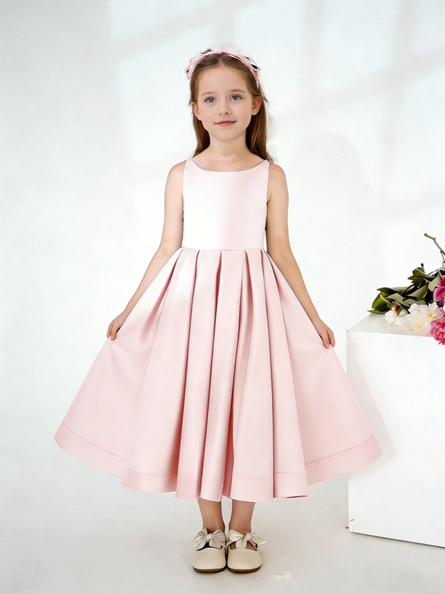 Sleeveless Round Neck Flower Girl Dress with Satin Midi Skirt Open Back and Bow Detail for Weddings and Formal Occasions