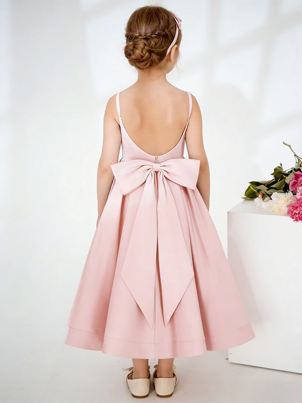 Sleeveless Round Neck Flower Girl Dress with Satin Midi Skirt Open Back and Bow Detail for Weddings and Formal Occasions