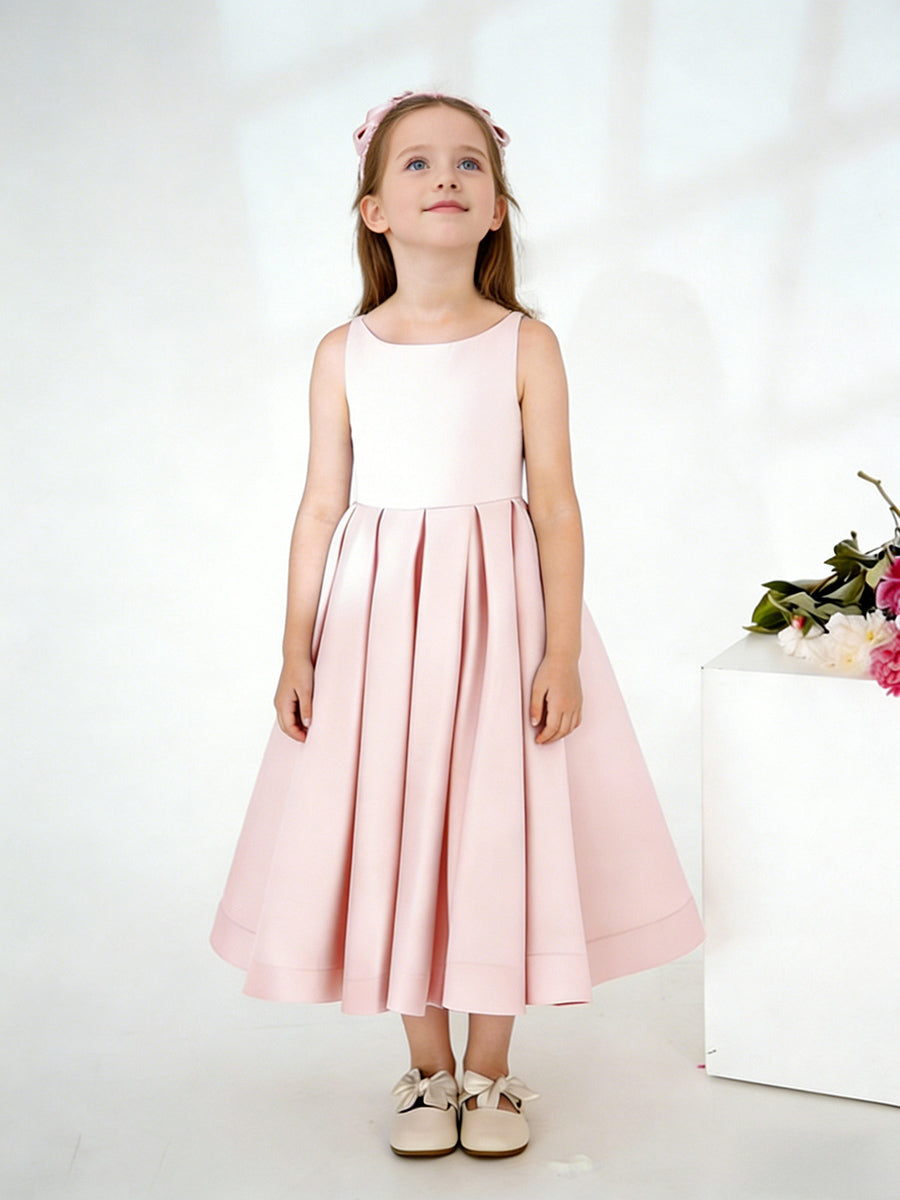 Sleeveless Round Neck Flower Girl Dress with Satin Midi Skirt Open Back and Bow Detail for Weddings and Formal Occasions