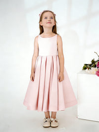 Sleeveless Round Neck Flower Girl Dress with Satin Midi Skirt Open Back and Bow Detail for Weddings and Formal Occasions
