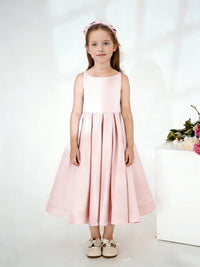 Sleeveless Round Neck Flower Girl Dress with Satin Midi Skirt Open Back and Bow Detail for Weddings and Formal Occasions