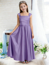 Sleeveless Square Neck Flower Girl Dress with Satin Floor Length Skirt and Ruched Bodice for Weddings and Formal Occasions