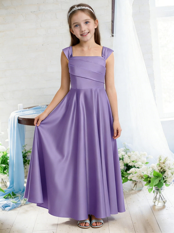 Sleeveless Square Neck Flower Girl Dress with Satin Floor Length Skirt and Ruched Bodice for Weddings and Formal Occasions