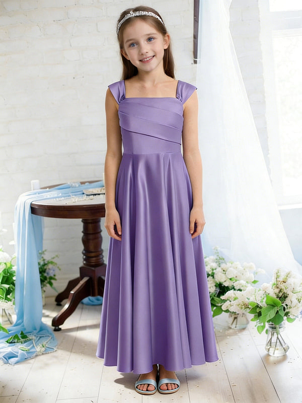 Sleeveless Square Neck Flower Girl Dress with Satin Floor Length Skirt and Ruched Bodice for Weddings and Formal Occasions