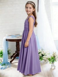 Sleeveless Square Neck Flower Girl Dress with Satin Floor Length Skirt and Ruched Bodice for Weddings and Formal Occasions