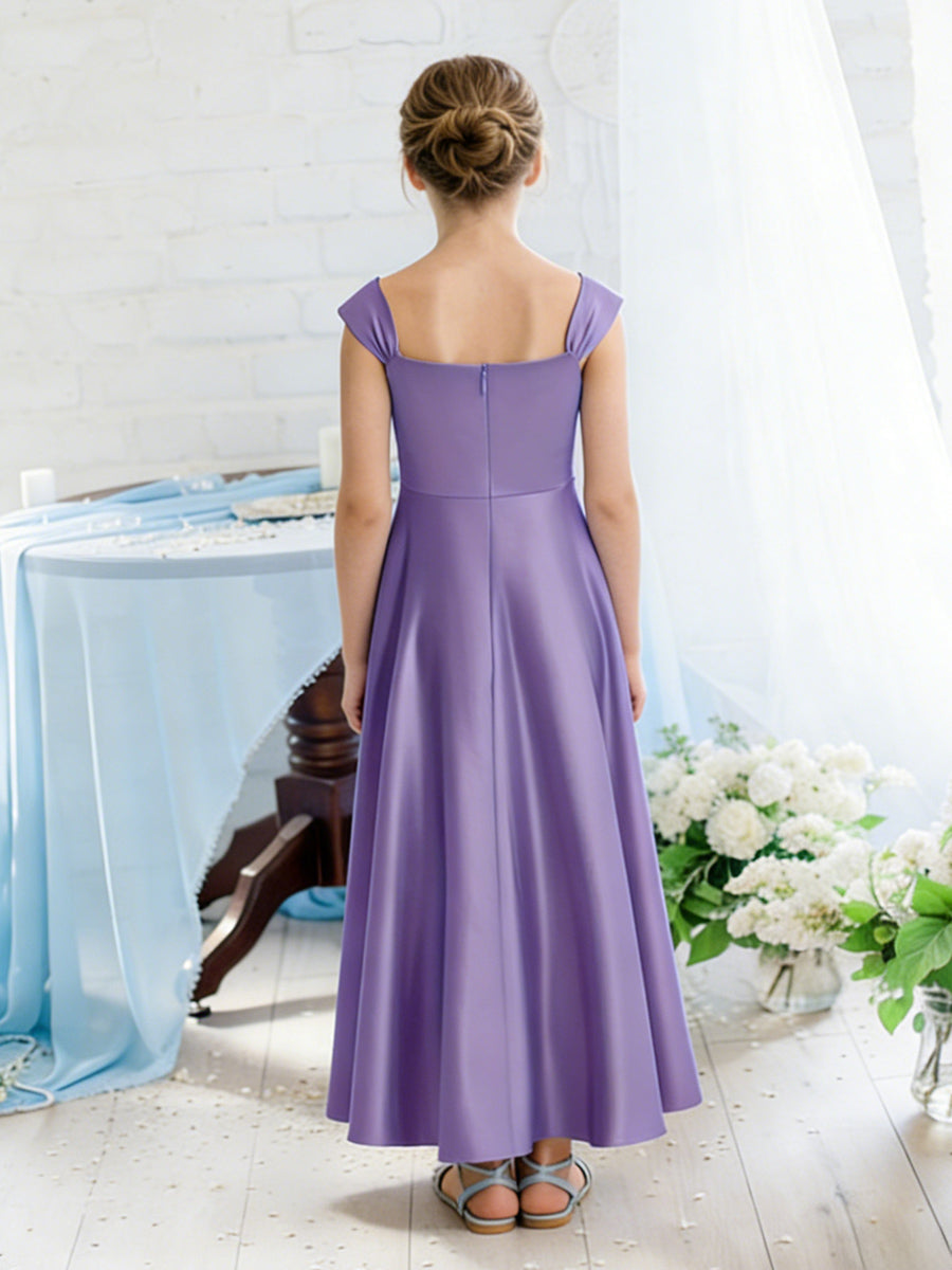 Sleeveless Square Neck Flower Girl Dress with Satin Floor Length Skirt and Ruched Bodice for Weddings and Formal Occasions