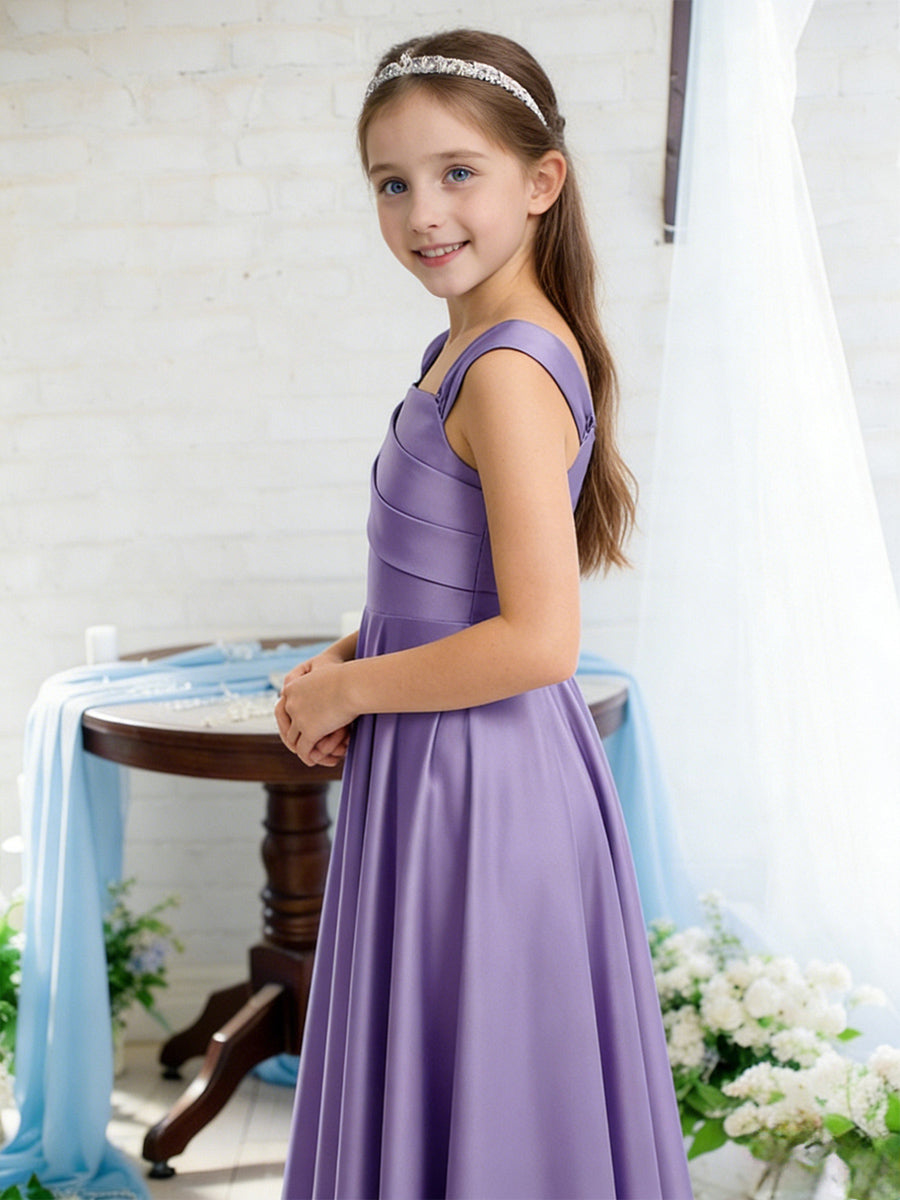 Sleeveless Square Neck Flower Girl Dress with Satin Floor Length Skirt and Ruched Bodice for Weddings and Formal Occasions