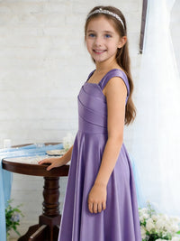 Sleeveless Square Neck Flower Girl Dress with Satin Floor Length Skirt and Ruched Bodice for Weddings and Formal Occasions
