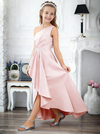 One-Shoulder Sleeveless Flower Girl Dress with Satin High-Low Skirt and Embellished Waist for Weddings and Formal Occasions