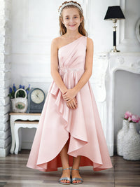 One-Shoulder Sleeveless Flower Girl Dress with Satin High-Low Skirt and Embellished Waist for Weddings and Formal Occasions