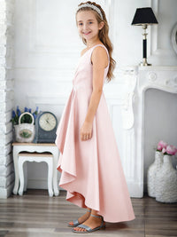 One-Shoulder Sleeveless Flower Girl Dress with Satin High-Low Skirt and Embellished Waist for Weddings and Formal Occasions