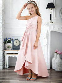 One-Shoulder Sleeveless Flower Girl Dress with Satin High-Low Skirt and Embellished Waist for Weddings and Formal Occasions