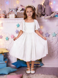 Square Neck Flutter Sleeve Flower Girl Dress with Pleated Skirt and Back Bow for Weddings and Formal Occasions