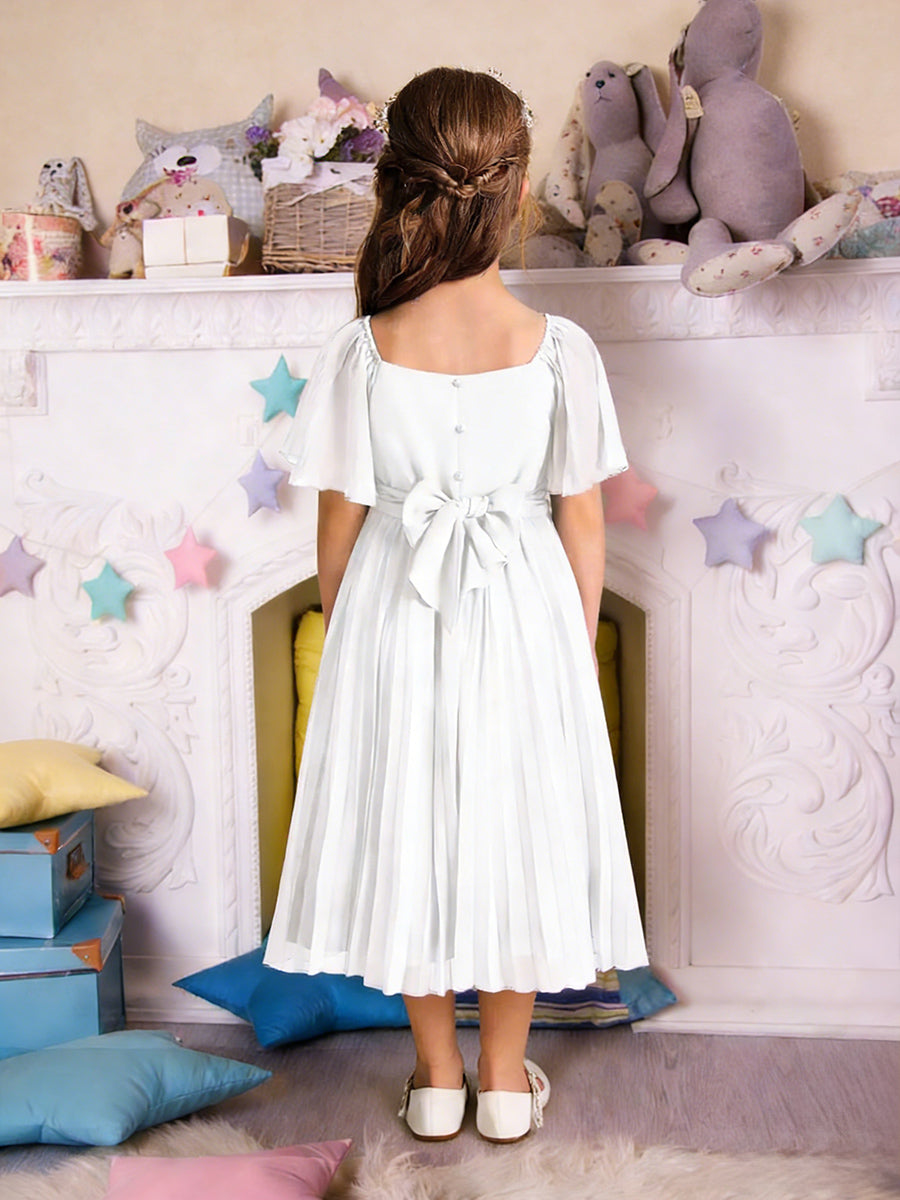 Square Neck Flutter Sleeve Flower Girl Dress with Pleated Skirt and Back Bow for Weddings and Formal Occasions