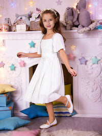 Square Neck Flutter Sleeve Flower Girl Dress with Pleated Skirt and Back Bow for Weddings and Formal Occasions