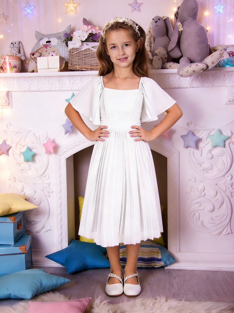 Square Neck Flutter Sleeve Flower Girl Dress with Pleated Skirt and Back Bow for Weddings and Formal Occasions