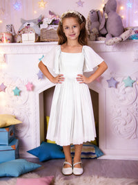 Square Neck Flutter Sleeve Flower Girl Dress with Pleated Skirt and Back Bow for Weddings and Formal Occasions