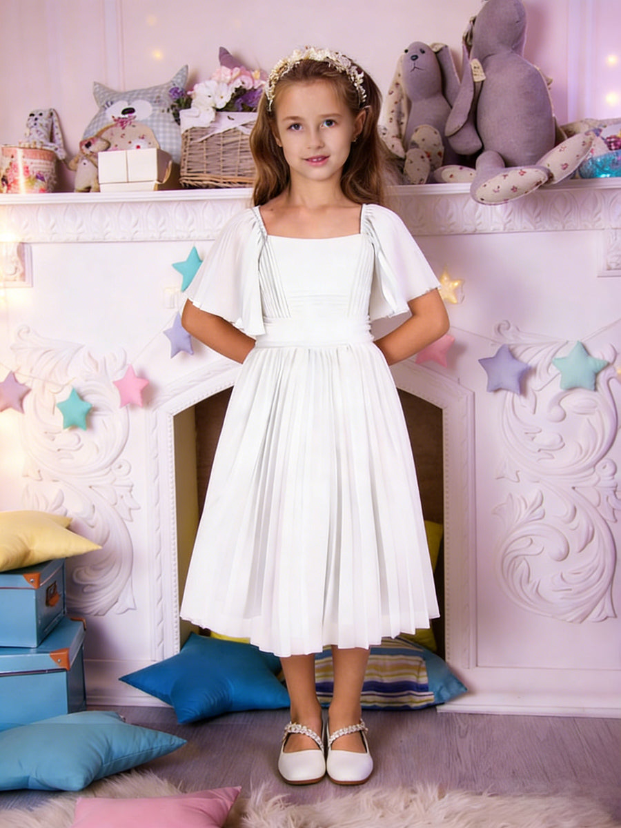 Square Neck Flutter Sleeve Flower Girl Dress with Pleated Skirt and Back Bow for Weddings and Formal Occasions