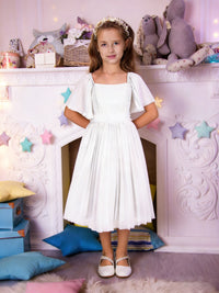 Square Neck Flutter Sleeve Flower Girl Dress with Pleated Skirt and Back Bow for Weddings and Formal Occasions