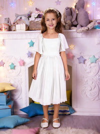 Square Neck Flutter Sleeve Flower Girl Dress with Pleated Skirt and Back Bow for Weddings and Formal Occasions
