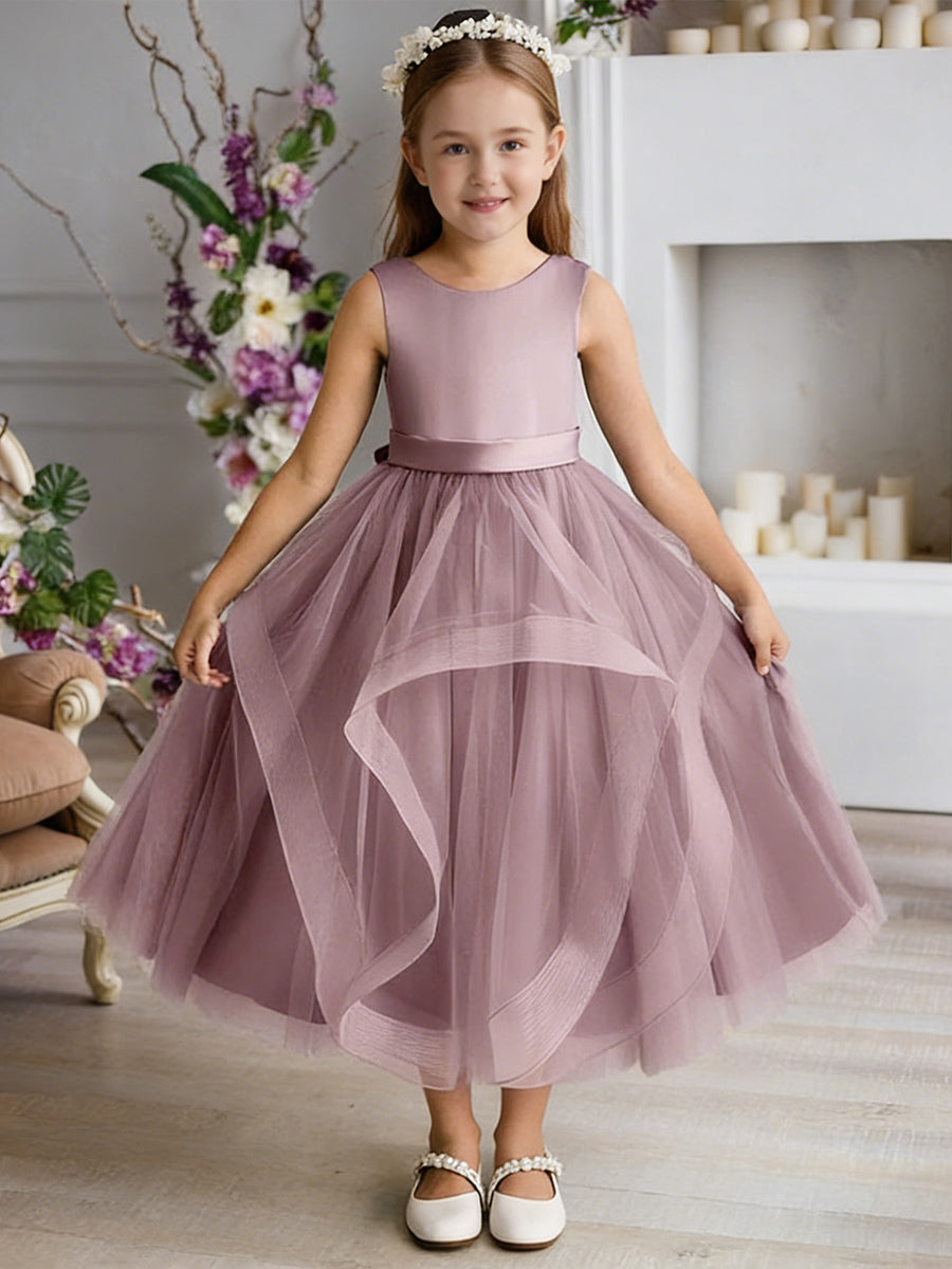 Sleeveless Round Neck Flower Girl Dress with Tiered Tulle Skirt and Back Bow for Weddings and Formal Occasions