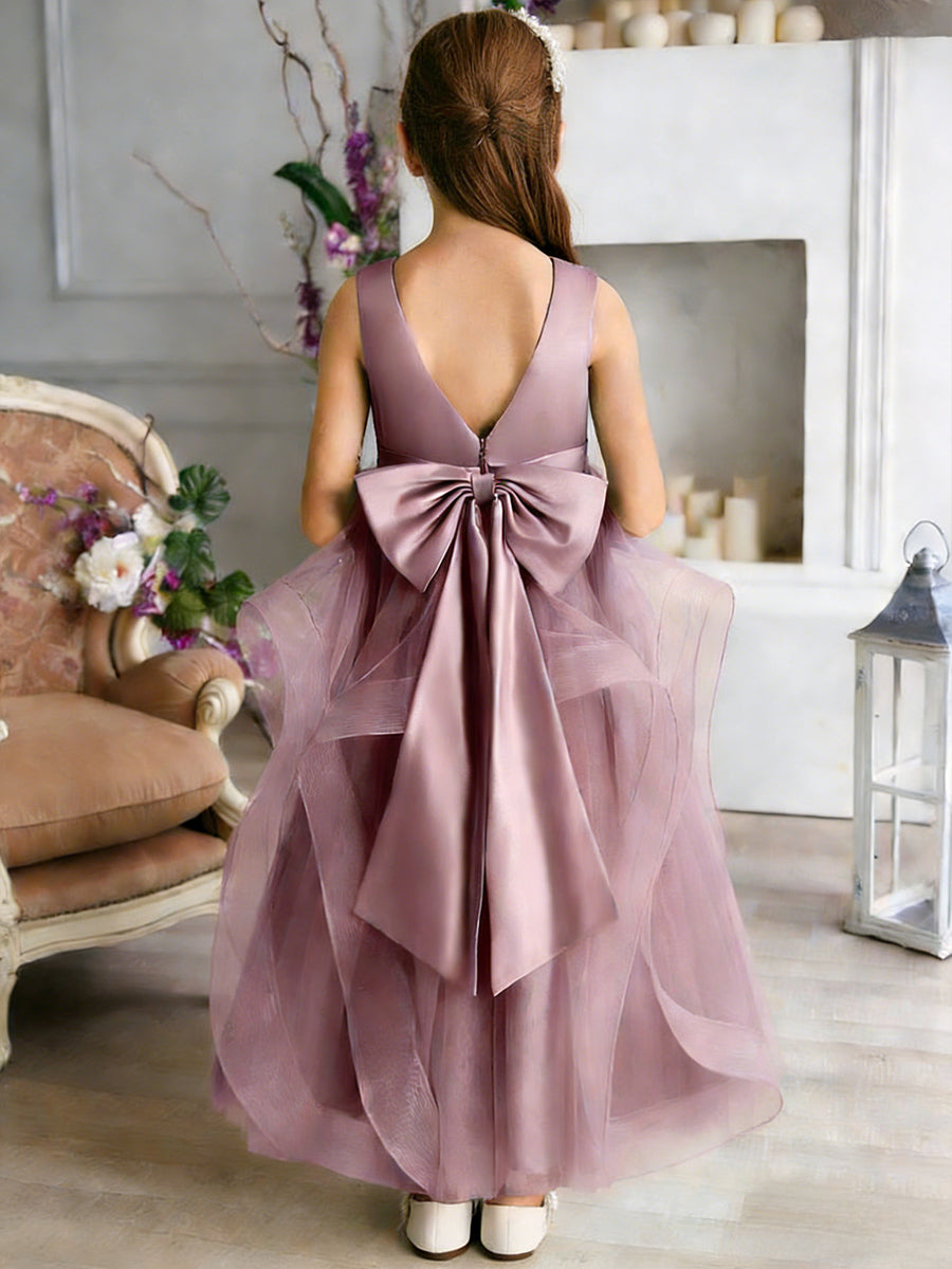 Sleeveless Round Neck Flower Girl Dress with Tiered Tulle Skirt and Back Bow for Weddings and Formal Occasions