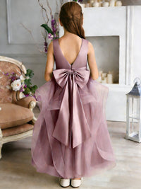 Sleeveless Round Neck Flower Girl Dress with Tiered Tulle Skirt and Back Bow for Weddings and Formal Occasions