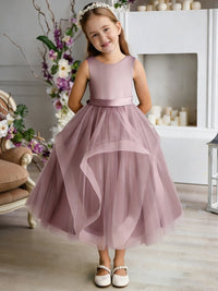 Sleeveless Round Neck Flower Girl Dress with Tiered Tulle Skirt and Back Bow for Weddings and Formal Occasions