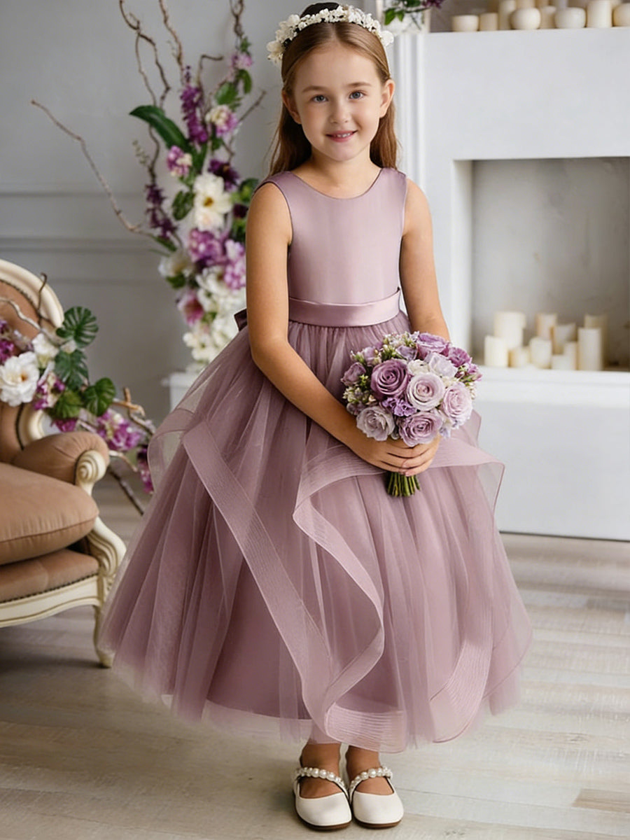 Sleeveless Round Neck Flower Girl Dress with Tiered Tulle Skirt and Back Bow for Weddings and Formal Occasions