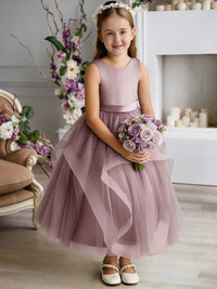 Sleeveless Round Neck Flower Girl Dress with Tiered Tulle Skirt and Back Bow for Weddings and Formal Occasions