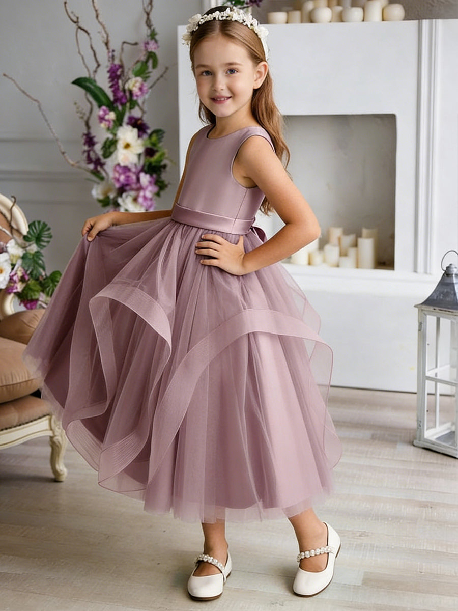 Sleeveless Round Neck Flower Girl Dress with Tiered Tulle Skirt and Back Bow for Weddings and Formal Occasions