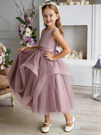 Sleeveless Round Neck Flower Girl Dress with Tiered Tulle Skirt and Back Bow for Weddings and Formal Occasions
