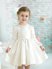 Long Sleeve Round Neck Flower Girl Dress with Pearl-Embellished Neckline Satin Skirt and Back Bow for Weddings and Formal Occasions