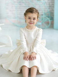 Long Sleeve Round Neck Flower Girl Dress with Pearl-Embellished Neckline Satin Skirt and Back Bow for Weddings and Formal Occasions