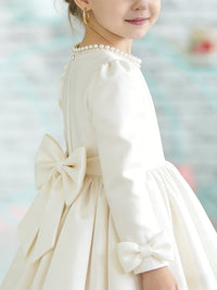 Long Sleeve Round Neck Flower Girl Dress with Pearl-Embellished Neckline Satin Skirt and Back Bow for Weddings and Formal Occasions