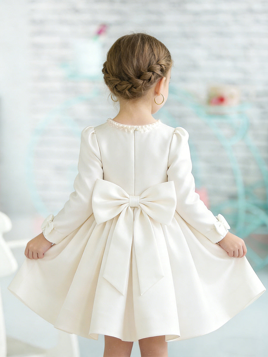 Long Sleeve Round Neck Flower Girl Dress with Pearl-Embellished Neckline Satin Skirt and Back Bow for Weddings and Formal Occasions