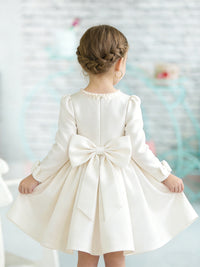 Long Sleeve Round Neck Flower Girl Dress with Pearl-Embellished Neckline Satin Skirt and Back Bow for Weddings and Formal Occasions