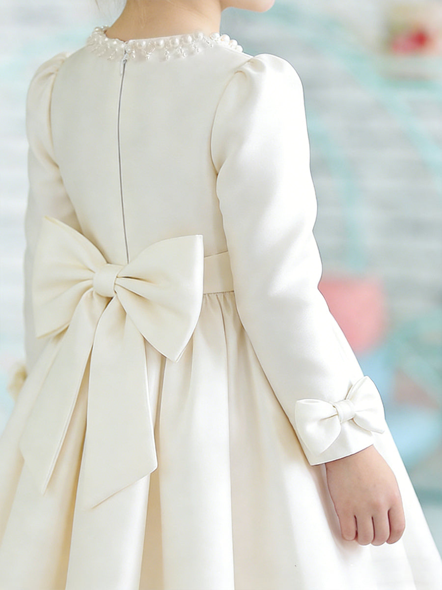 Long Sleeve Round Neck Flower Girl Dress with Pearl-Embellished Neckline Satin Skirt and Back Bow for Weddings and Formal Occasions