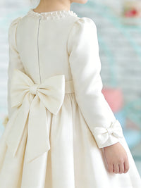 Long Sleeve Round Neck Flower Girl Dress with Pearl-Embellished Neckline Satin Skirt and Back Bow for Weddings and Formal Occasions