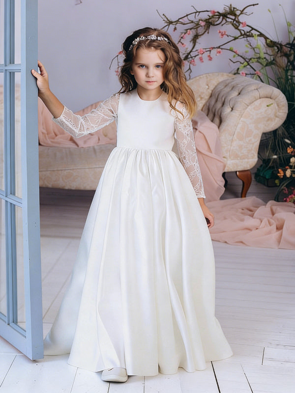Long Lace Sleeve Round Neck Flower Girl Dress with Satin Floor-Length Skirt and Back Bow for Weddings and Formal Occasions