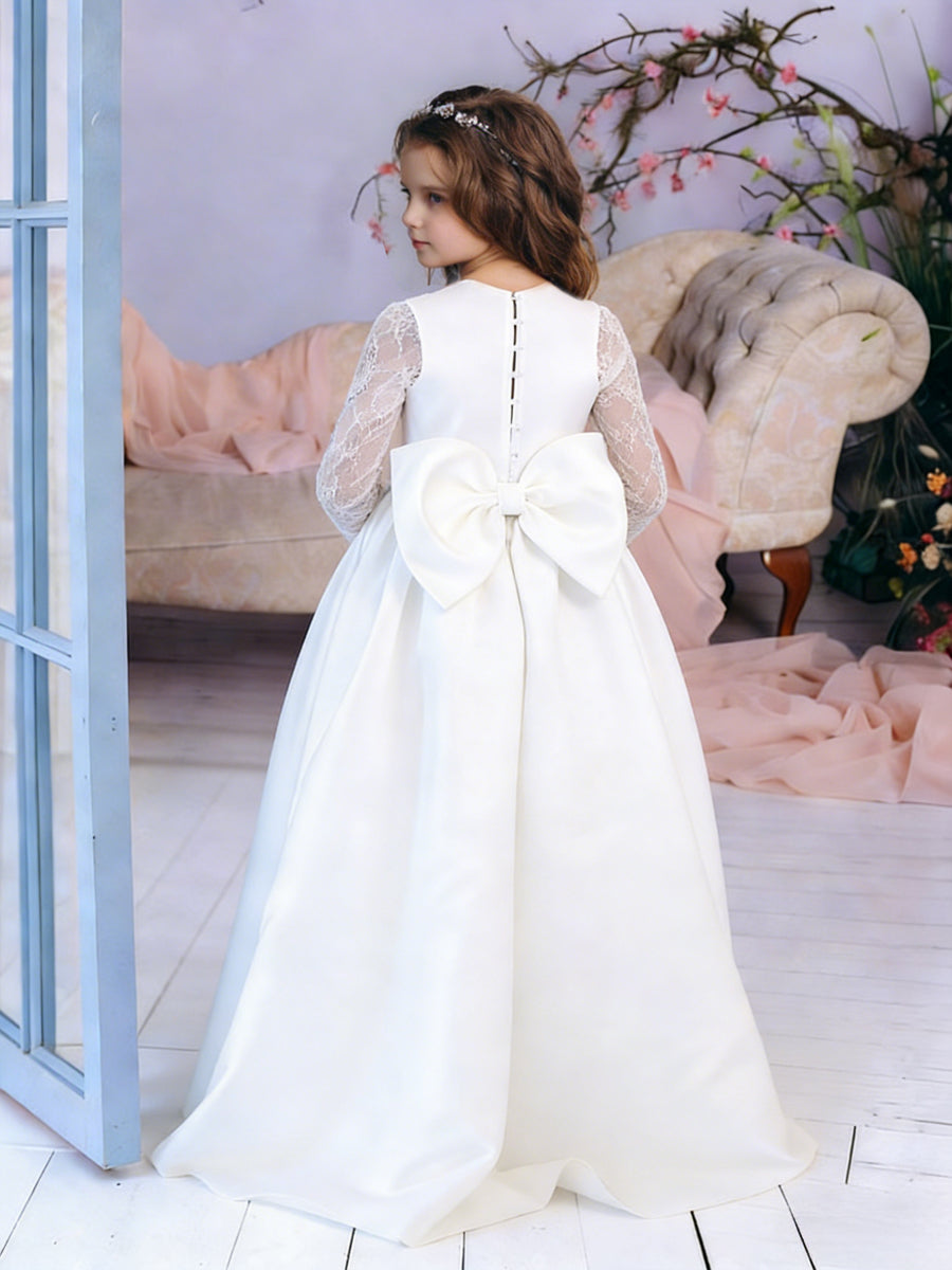 Long Lace Sleeve Round Neck Flower Girl Dress with Satin Floor-Length Skirt and Back Bow for Weddings and Formal Occasions